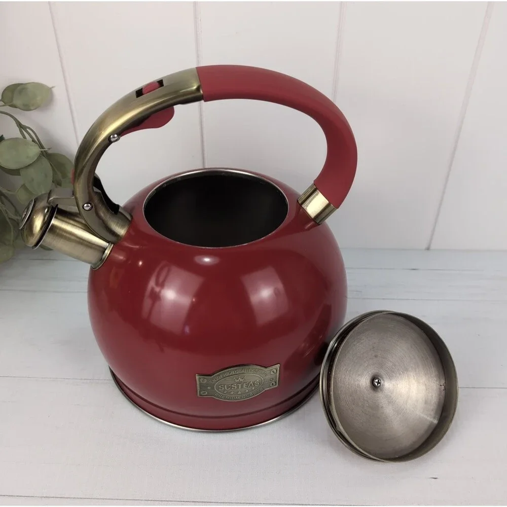 Whistling Tea Kettle Red Susteas Stovetop Teapot 3 Qt Stainless Steel